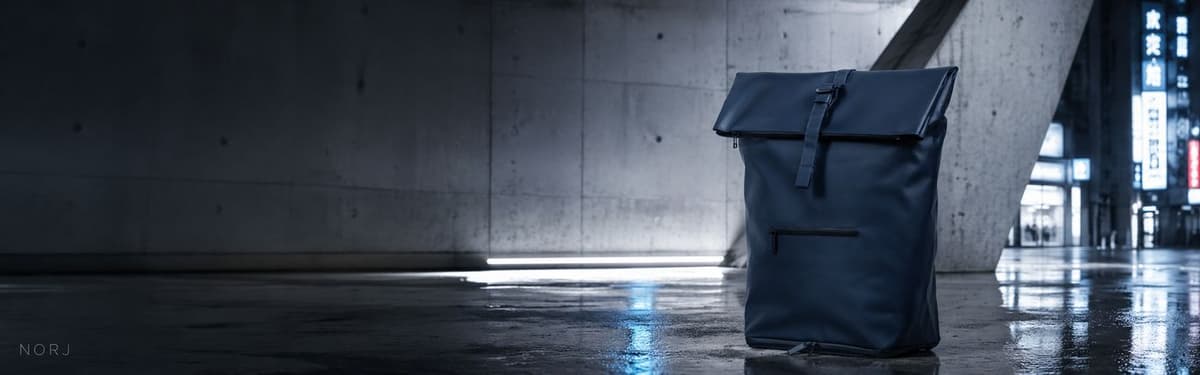 NORJ waterproof tarpaulin backpack in a cinematic urban setting