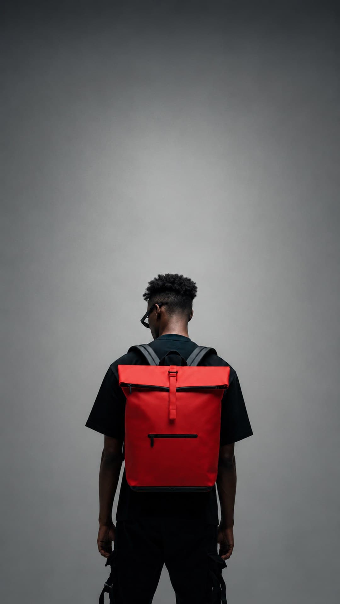 Model wearing NORJ red backpack